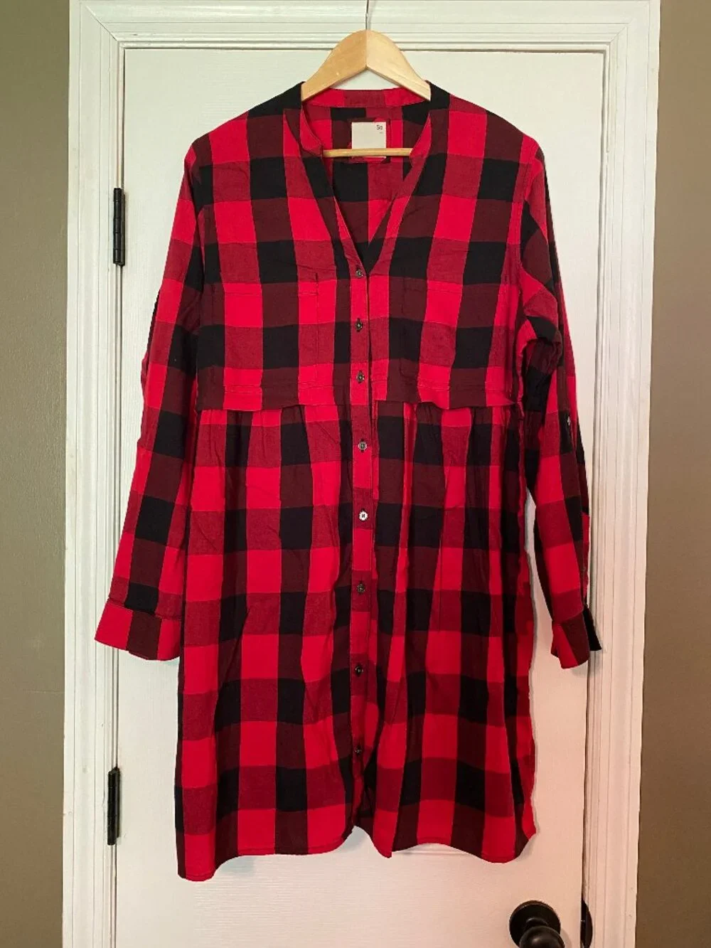 SO - Red and Black Buffalo Plaid Shirt Dress Long Sleeve - Size: XXL - Picture 9 of 10